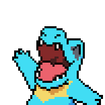 Pixelart animation of Totodile character from Pokemon waving his hand to the viewer.